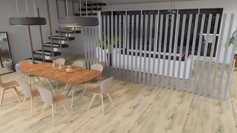 Salón con divvisión de ambientes a base de postes de composite encapsulado individuales