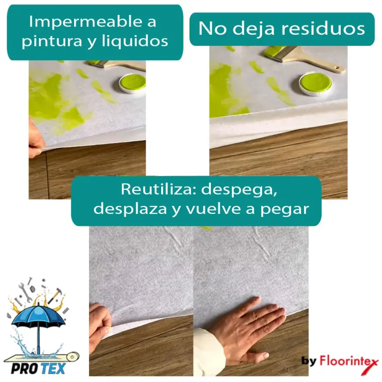 Pega y despega el rollo protector de suelo, no deja residuos, permite reubicarlo