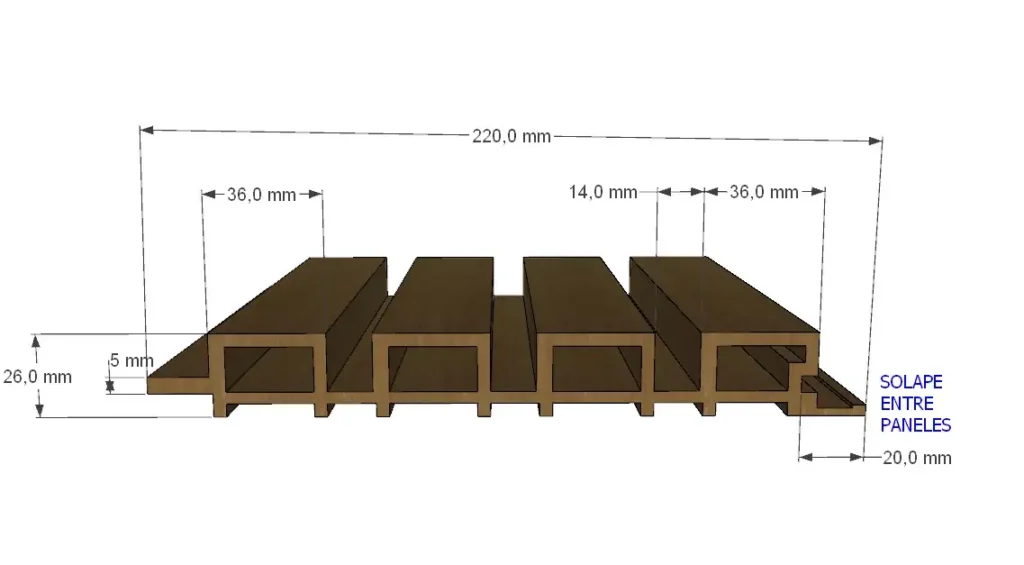 Panel 3d exterior con listón ancho unión sin grapa con medidas